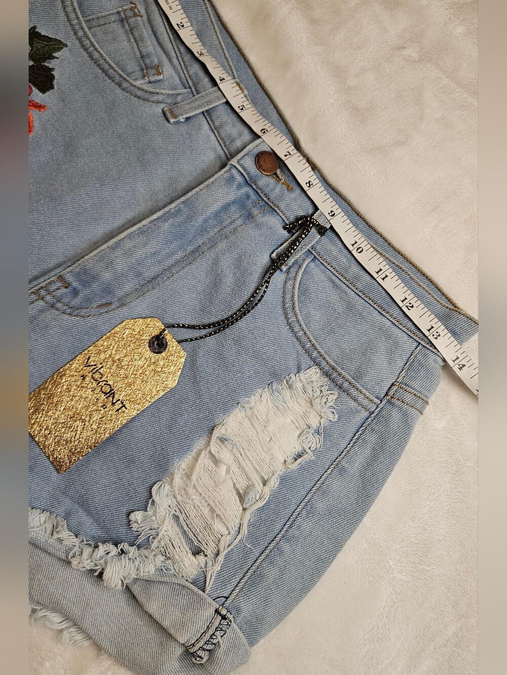 Vibrant Light Blue Denim Shorts with Red Rose Embroidery - Picture 8 of 10
